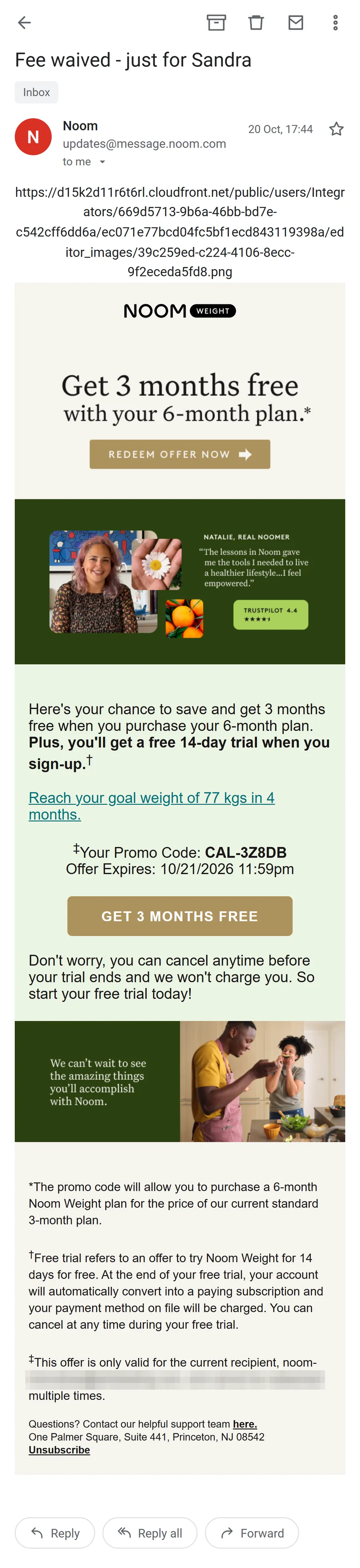 Noom — "Fee waived - just for Sandra" (mobile)