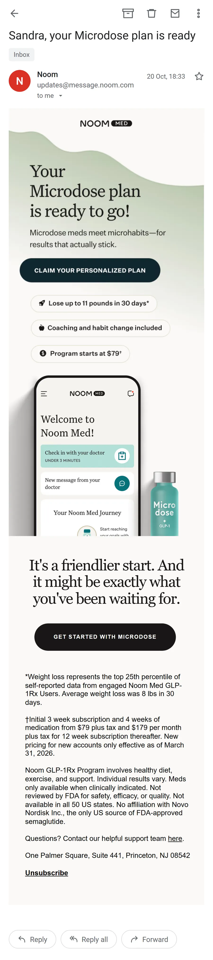 Noom — "Sandra, your Microdose plan is ready" (mobile)