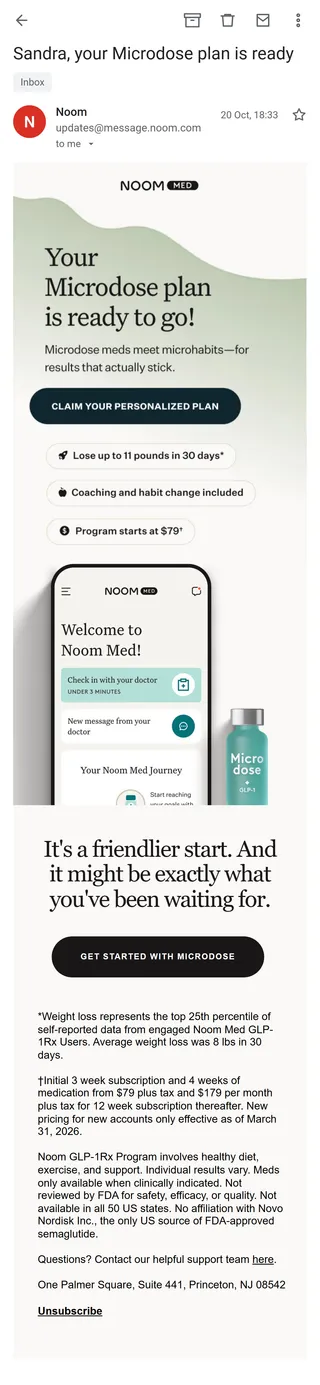 Noom — "Sandra, your Microdose plan is ready"