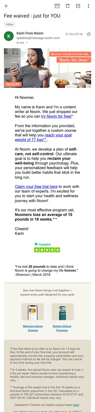 Noom — "Fee waived - just for YOU", from Karin