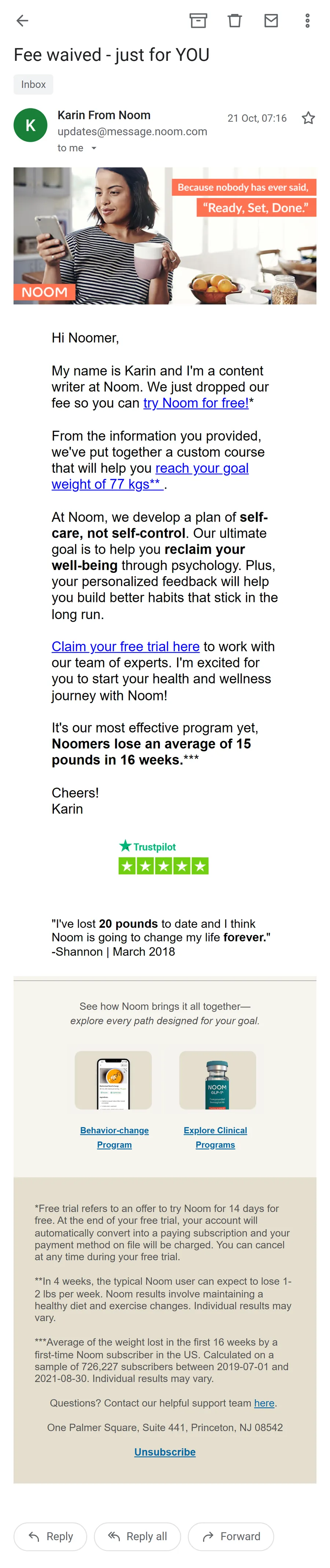 Noom — "Fee waived - just for YOU", from Karin (mobile)