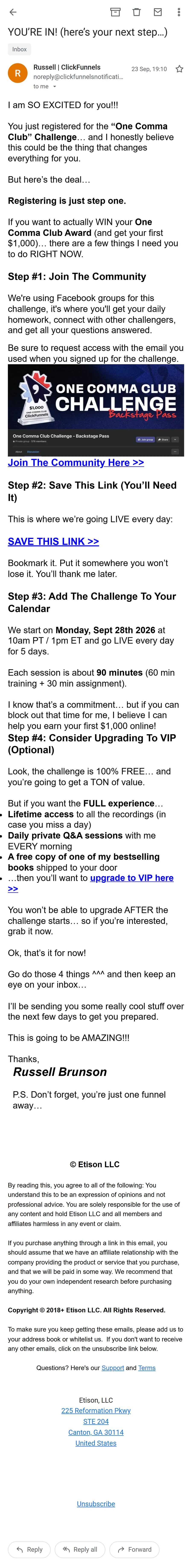 ClickFunnels — The challenge emails: three a day, timed to the session (screen 1)