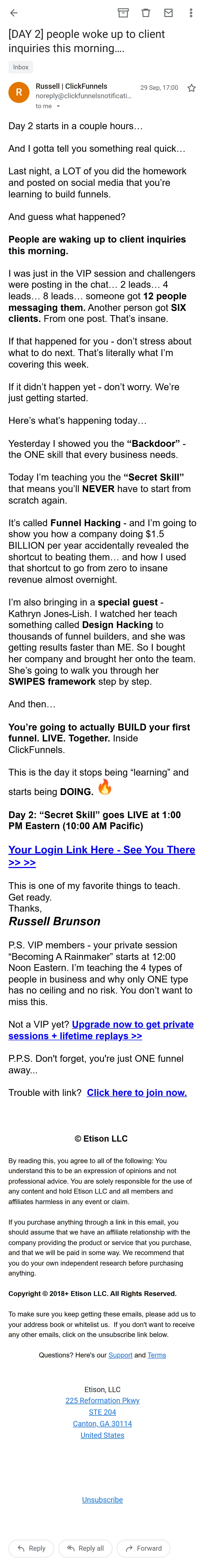 ClickFunnels — The challenge emails: three a day, timed to the session (screen 2)