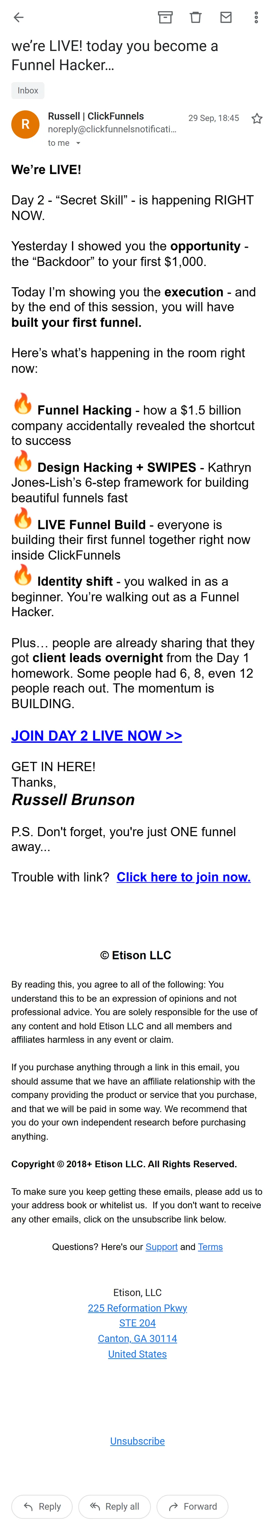 ClickFunnels — The challenge emails: three a day, timed to the session (screen 3)