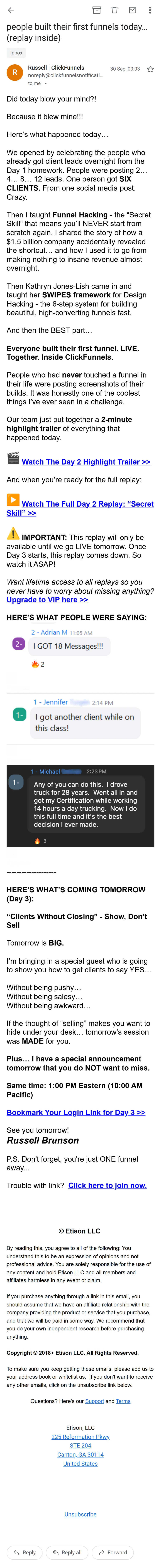 ClickFunnels — The challenge emails: three a day, timed to the session (screen 4)