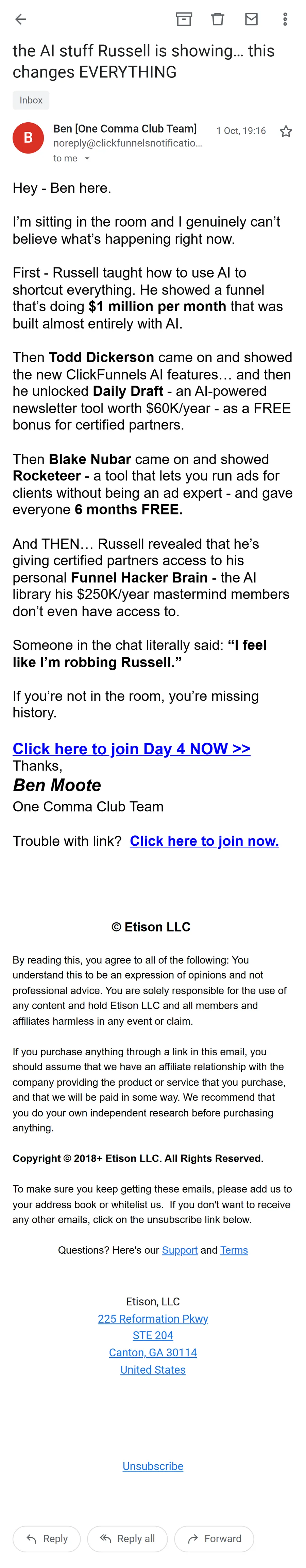 ClickFunnels — The challenge emails: three a day, timed to the session (screen 5)