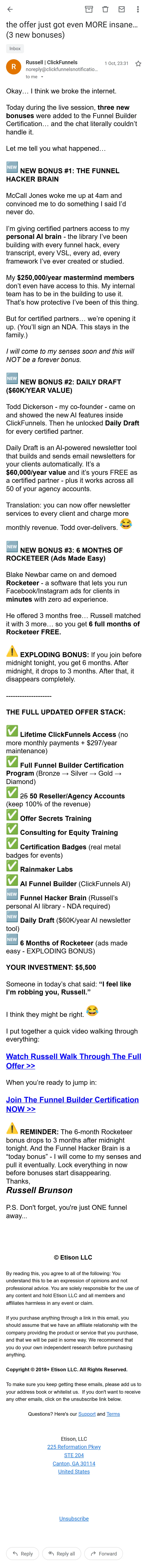 ClickFunnels — The offer emails: one price, a growing stack (screen 2)