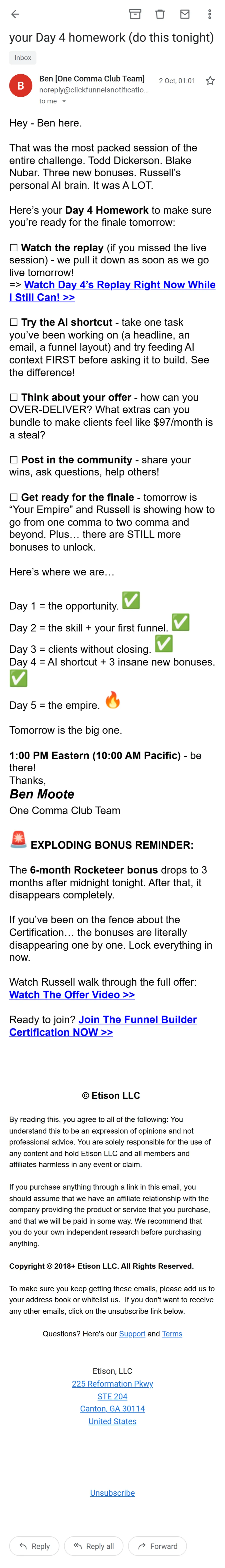 ClickFunnels — The challenge emails: three a day, timed to the session (screen 6)