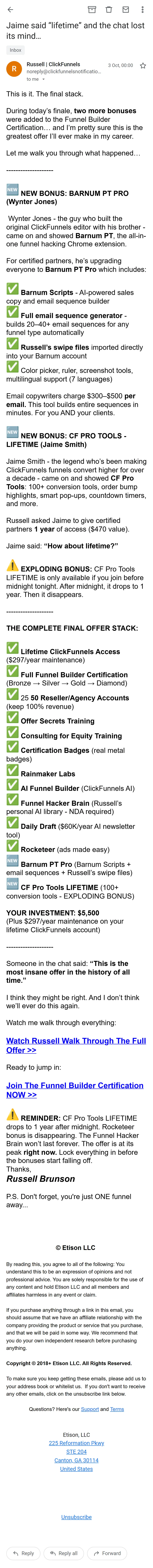 ClickFunnels — The offer emails: one price, a growing stack (screen 3)