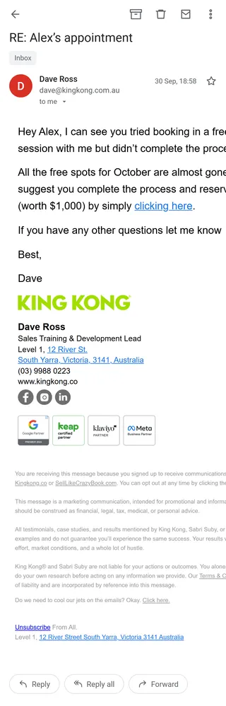 King Kong — The unfinished-booking emails: "RE: Alex's appointment"