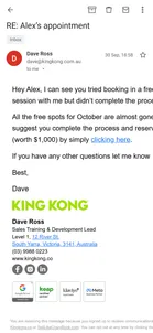 King Kong — The unfinished-booking emails: "RE: Alex's appointment"