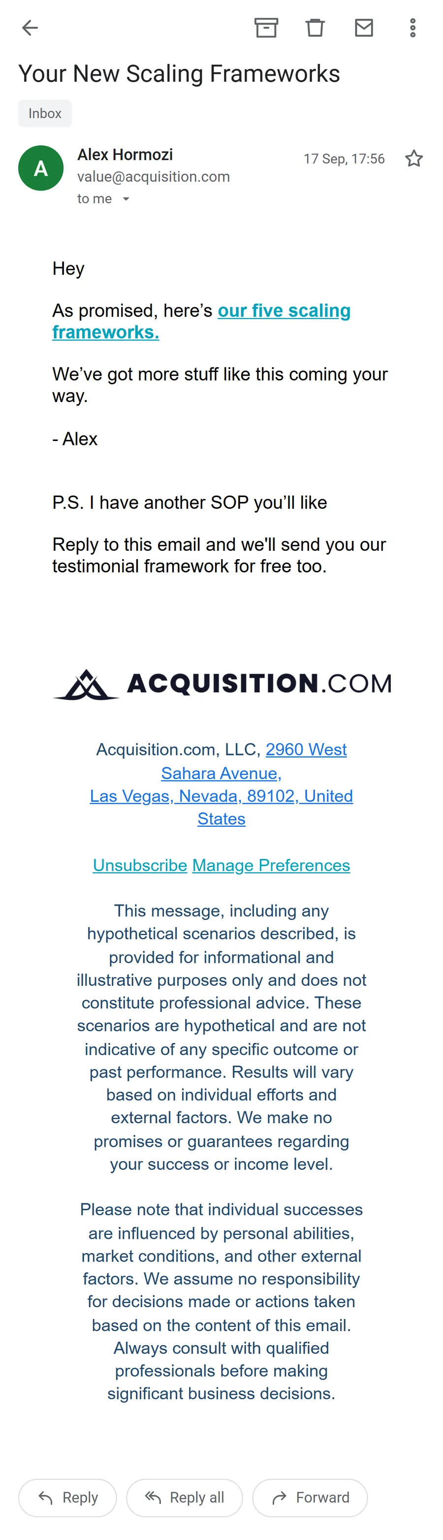 Acquisition.com — "Your New Scaling Frameworks" delivery email (mobile)