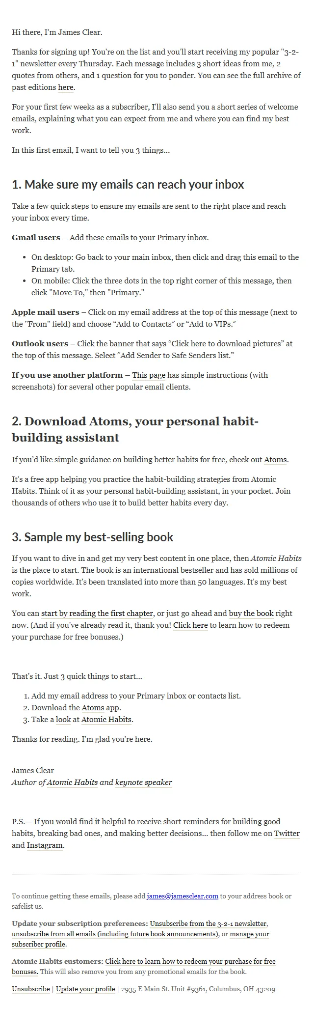 James Clear — Welcome email (mobile)