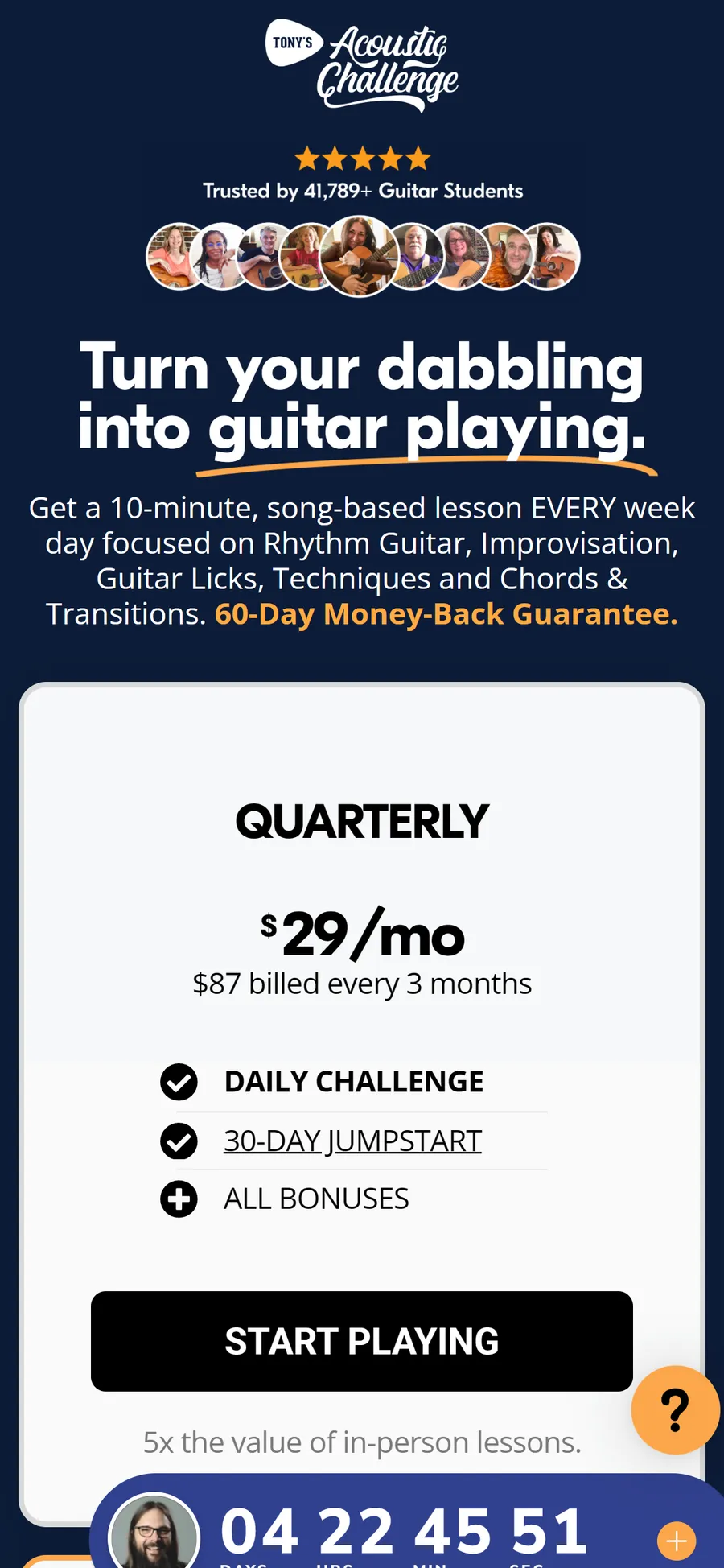 Tony's Acoustic Challenge — $87 a quarter or $197 a year, with a weekly countdown (mobile)