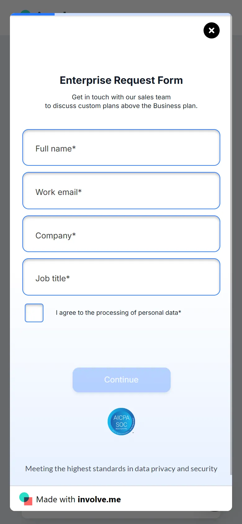 involve.me — Enterprise request form (5 screens) (mobile)