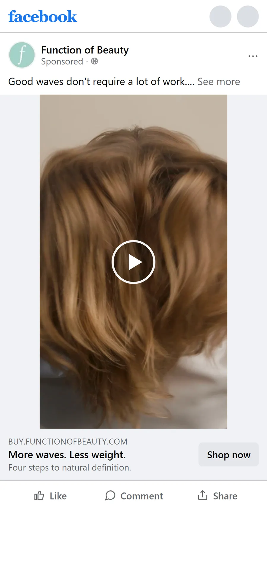 Function of Beauty — "More waves. Less weight." — wavy-hair video ad, Target only (mobile)