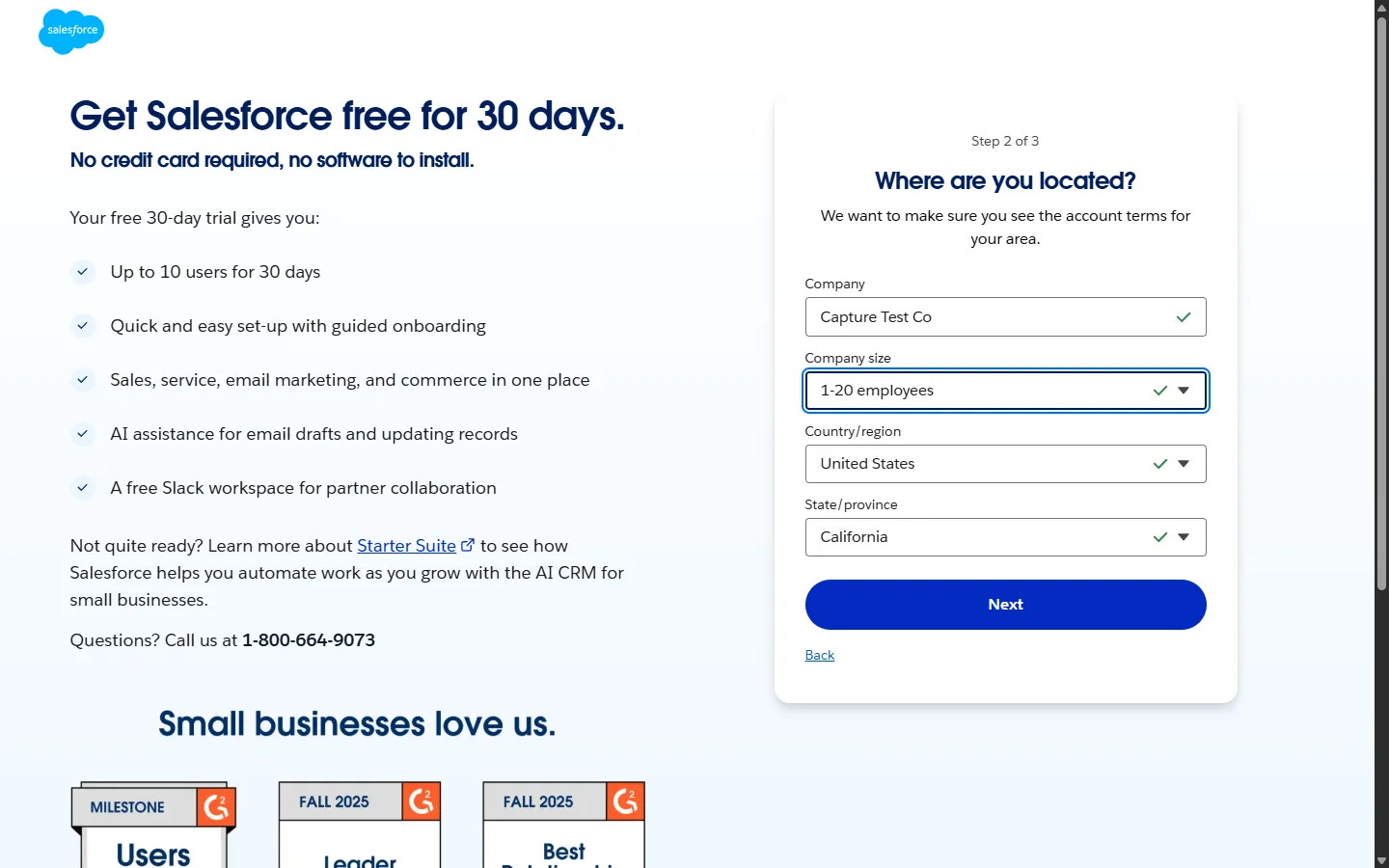 Salesforce — Three steps, contact details last (screen 3)