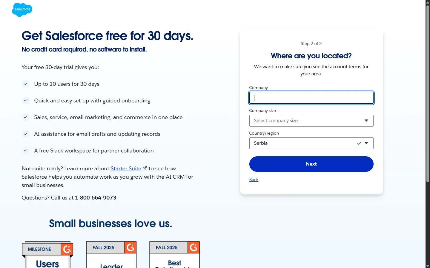 Salesforce — Three steps, contact details last (screen 2)