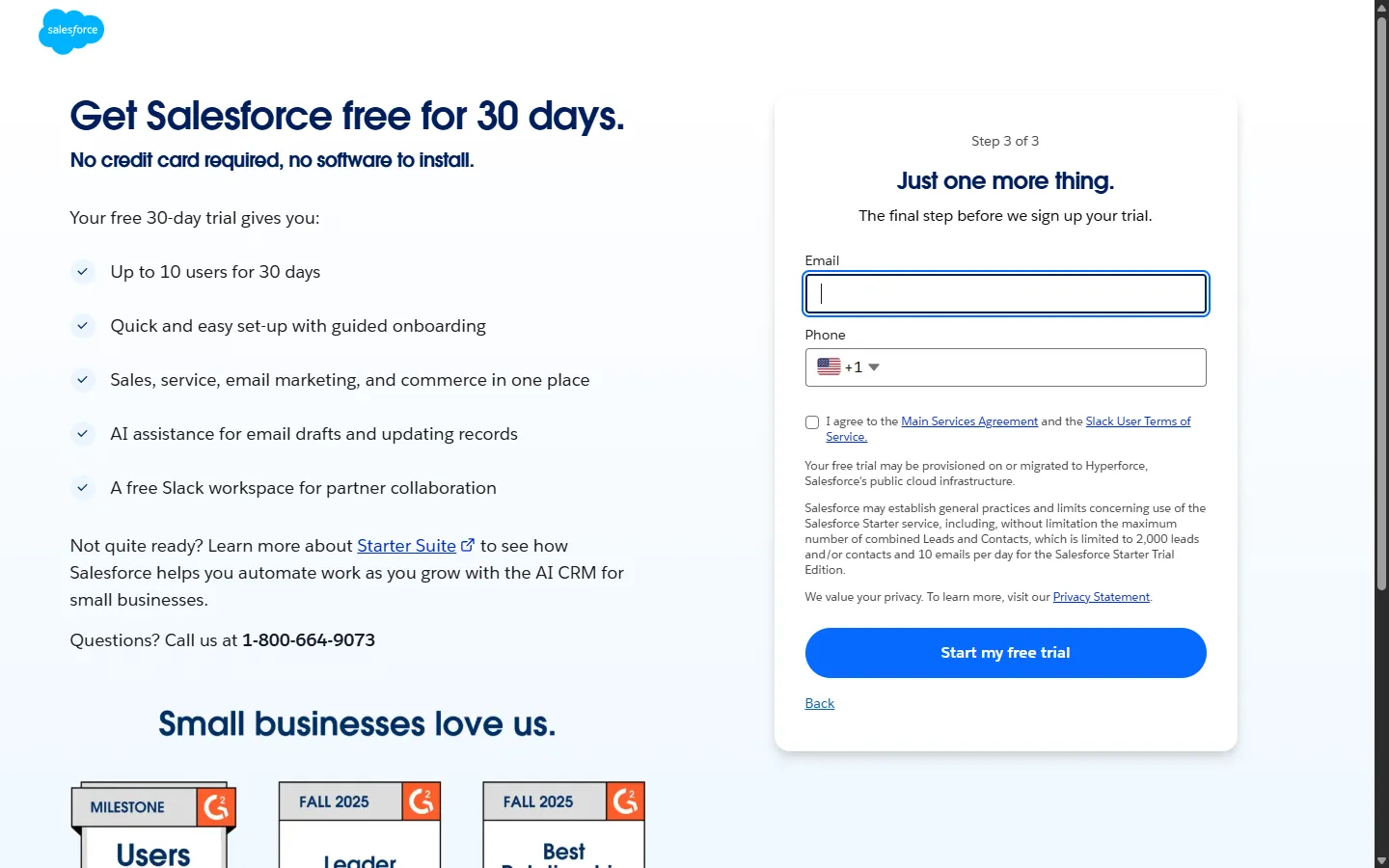 Salesforce — Three steps, contact details last (screen 4)