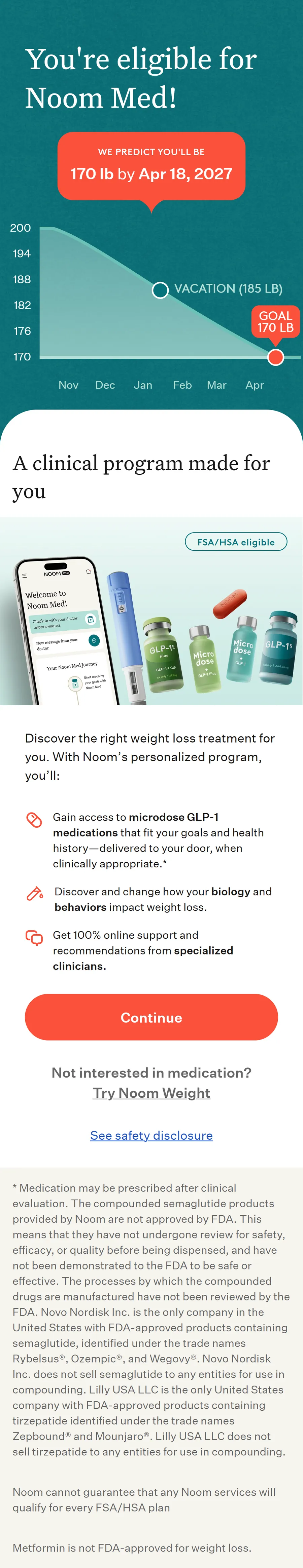 Noom — "We predict you'll be 170 lb by Apr 18, 2027" (mobile)