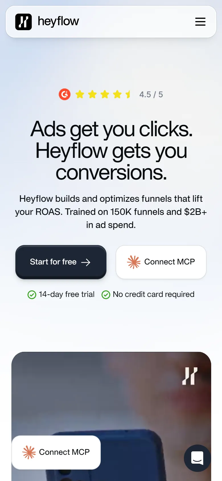 Heyflow — Homepage ("Ads get you clicks. Heyflow gets you conversions.") (mobile)