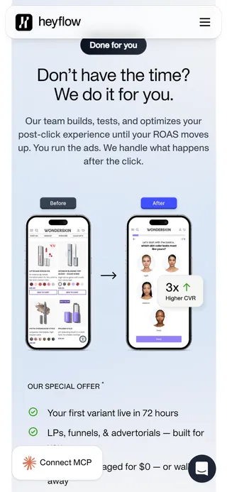 Heyflow — "Don't have the time? We do it for you."