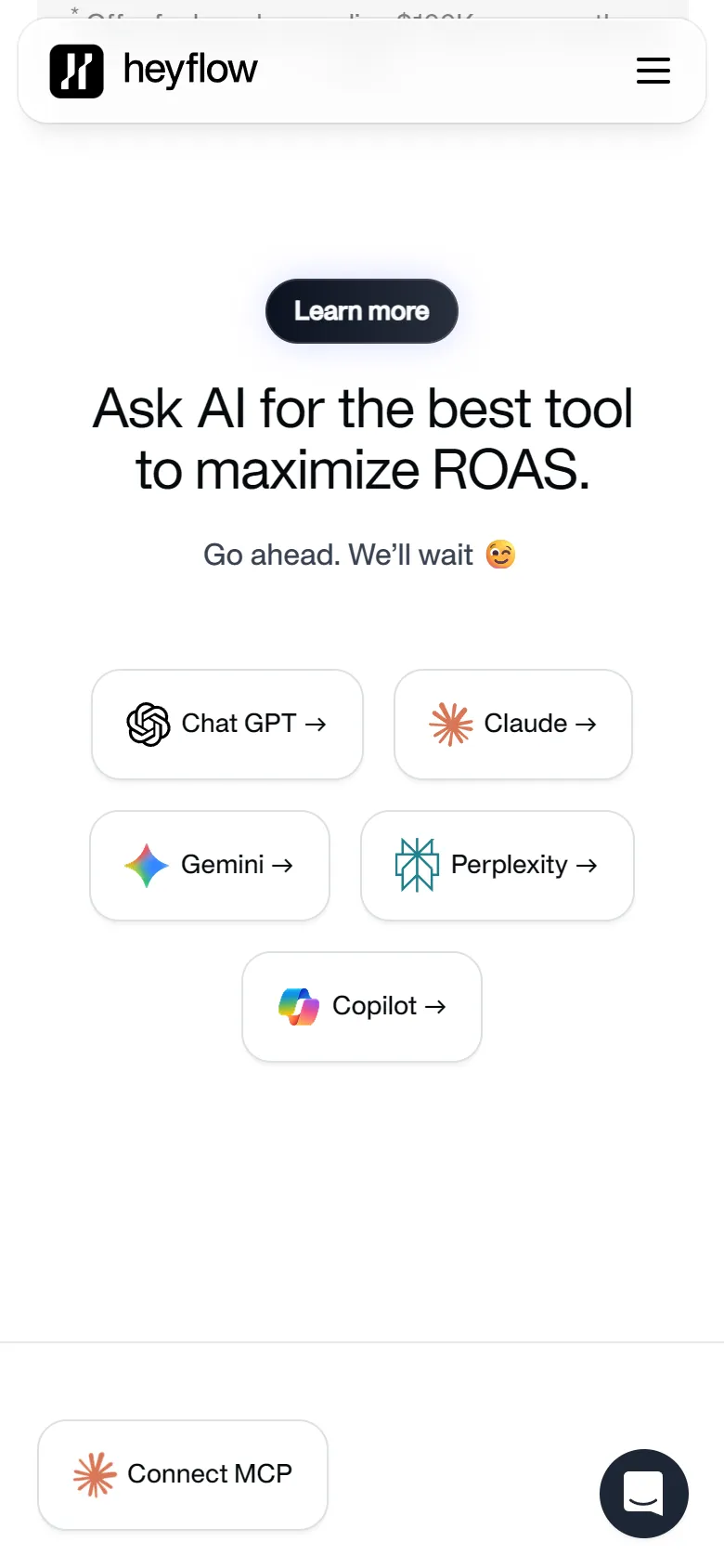 Heyflow — "Ask AI for the best tool to maximize ROAS" (mobile)