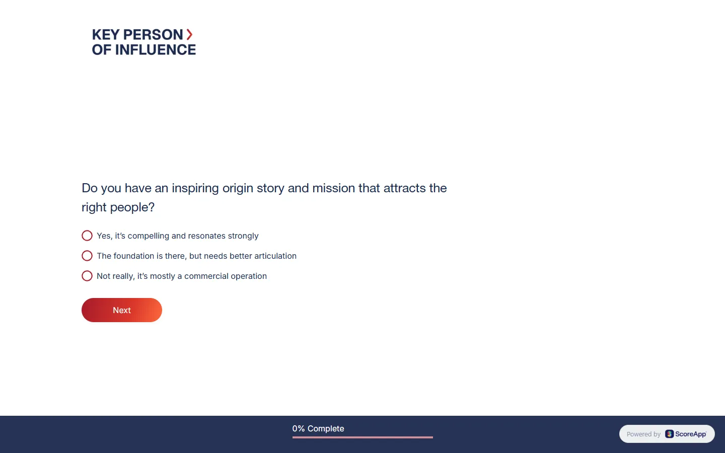 Dent Global — The scorecard: about thirty scored questions, then six that sort you (screen 1)