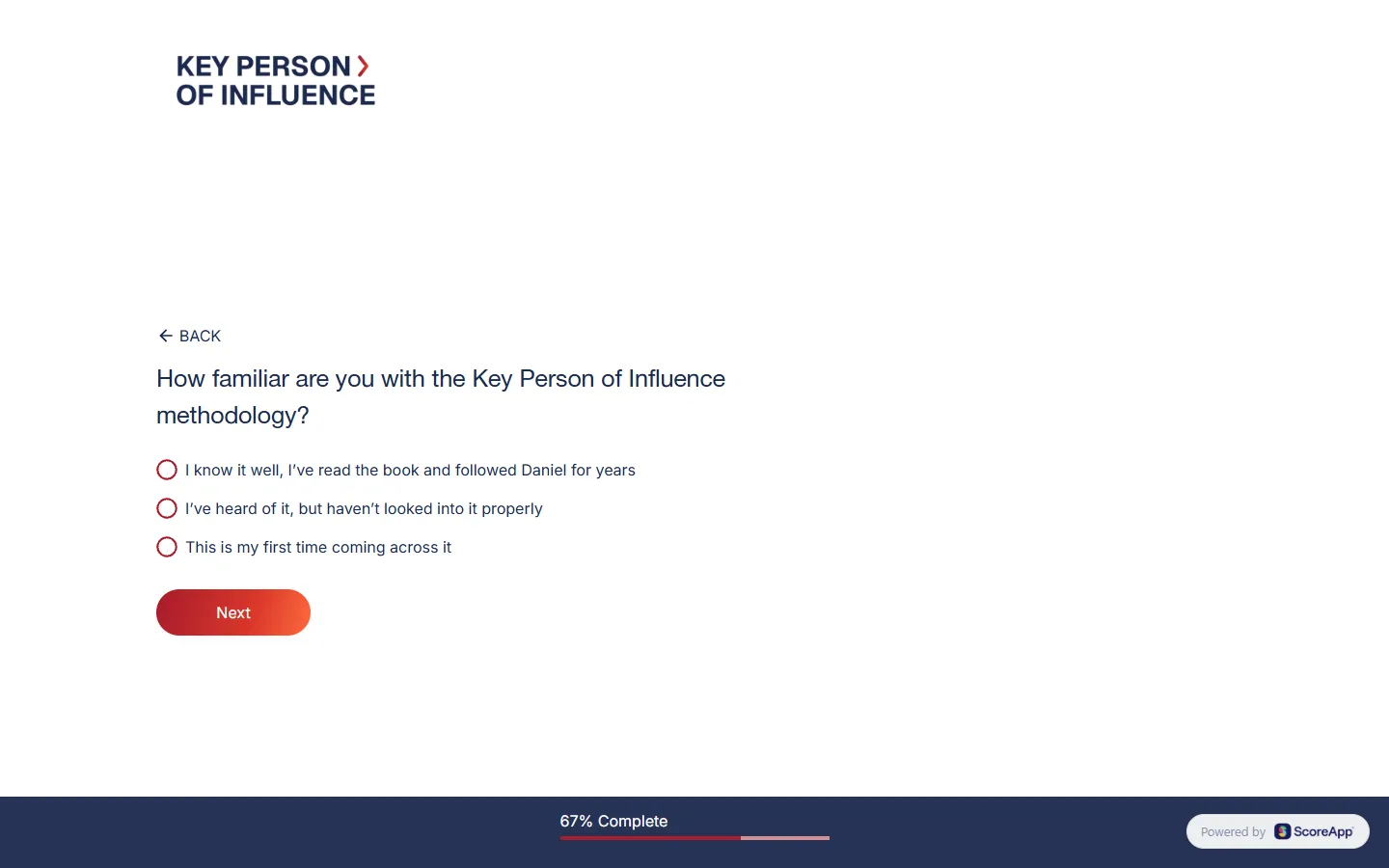 Dent Global — The scorecard: about thirty scored questions, then six that sort you (screen 3)