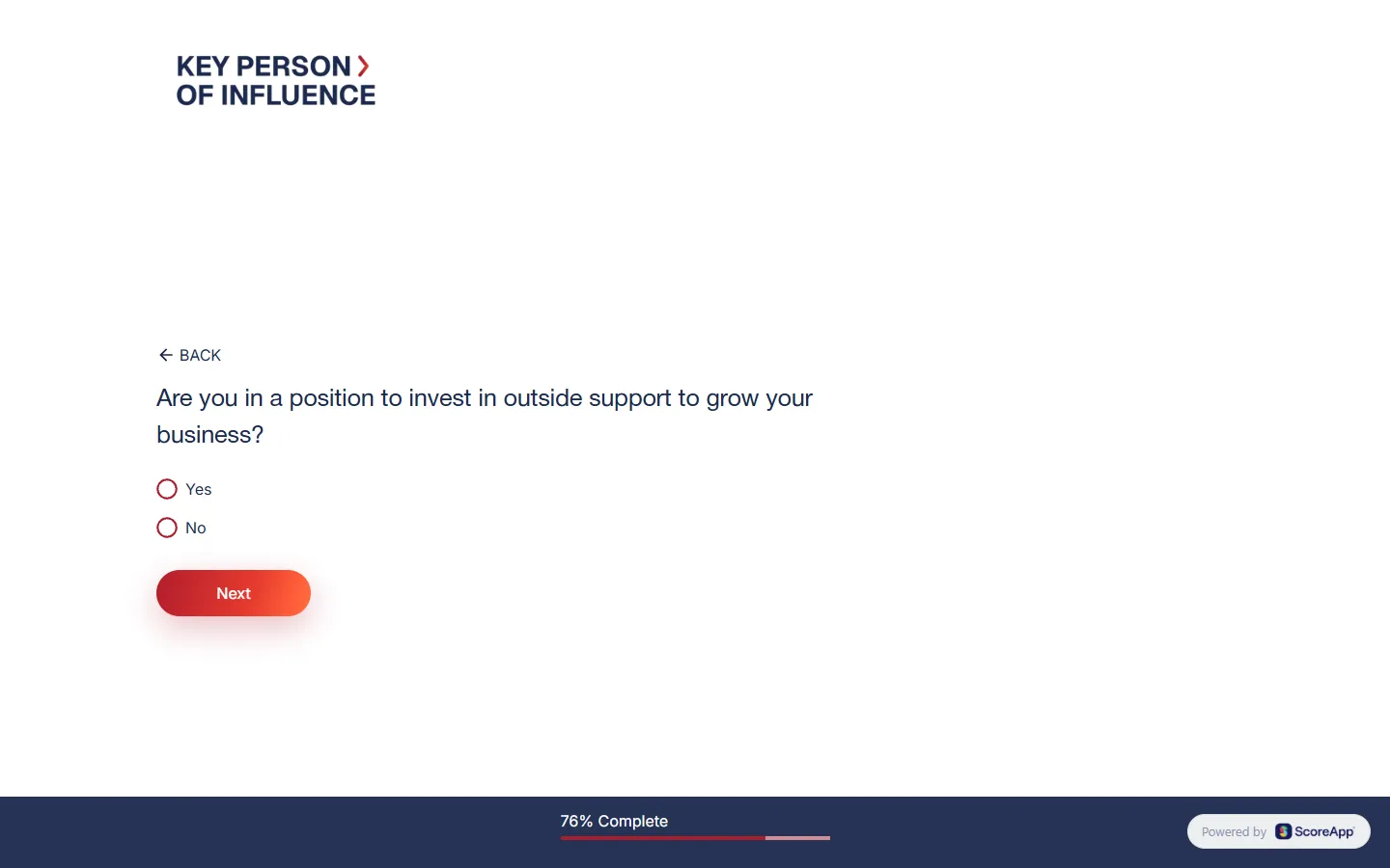 Dent Global — The scorecard: about thirty scored questions, then six that sort you (screen 7)