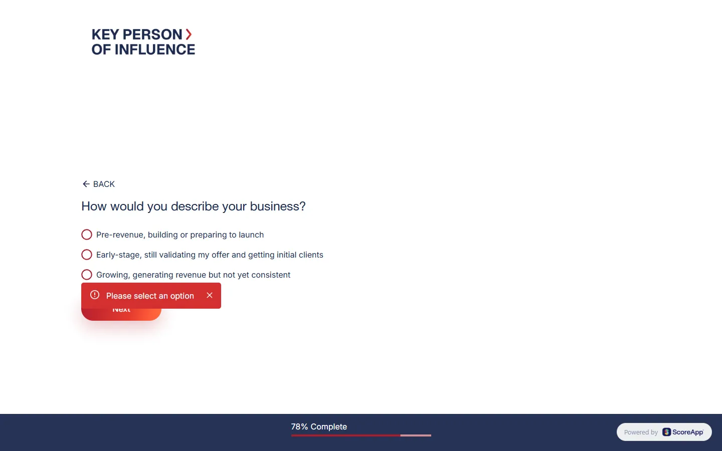 Dent Global — The scorecard: about thirty scored questions, then six that sort you (screen 8)
