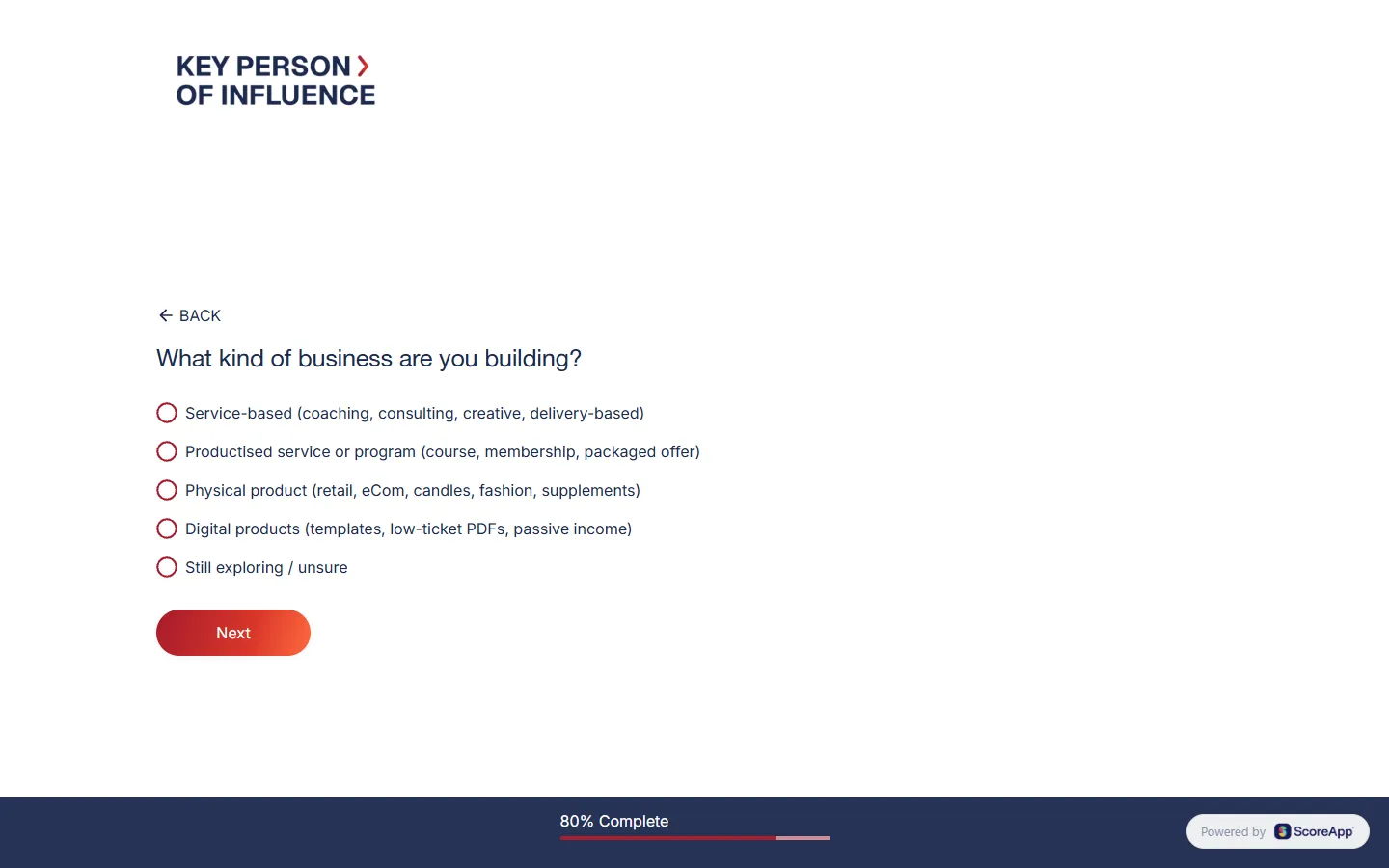 Dent Global — The scorecard: about thirty scored questions, then six that sort you (screen 9)