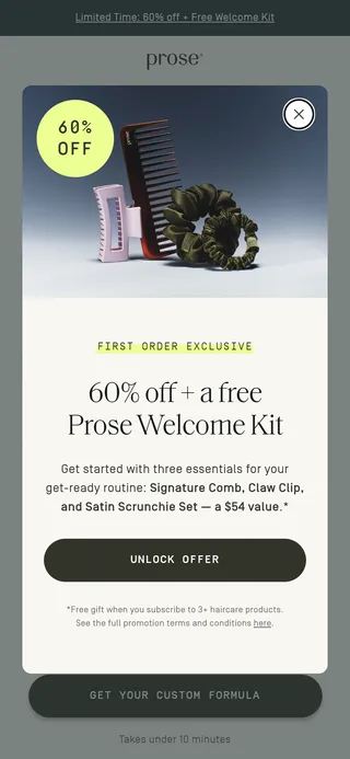 Prose — "60% off + a free Prose Welcome Kit" popup