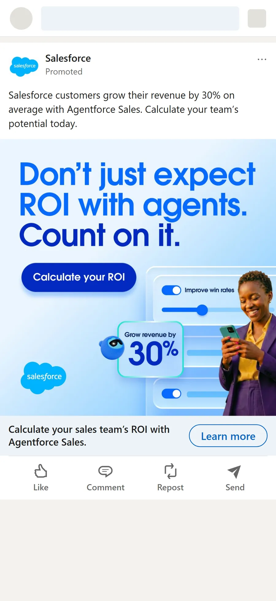 Salesforce — LinkedIn: the same promise, to two audiences (screen 1)