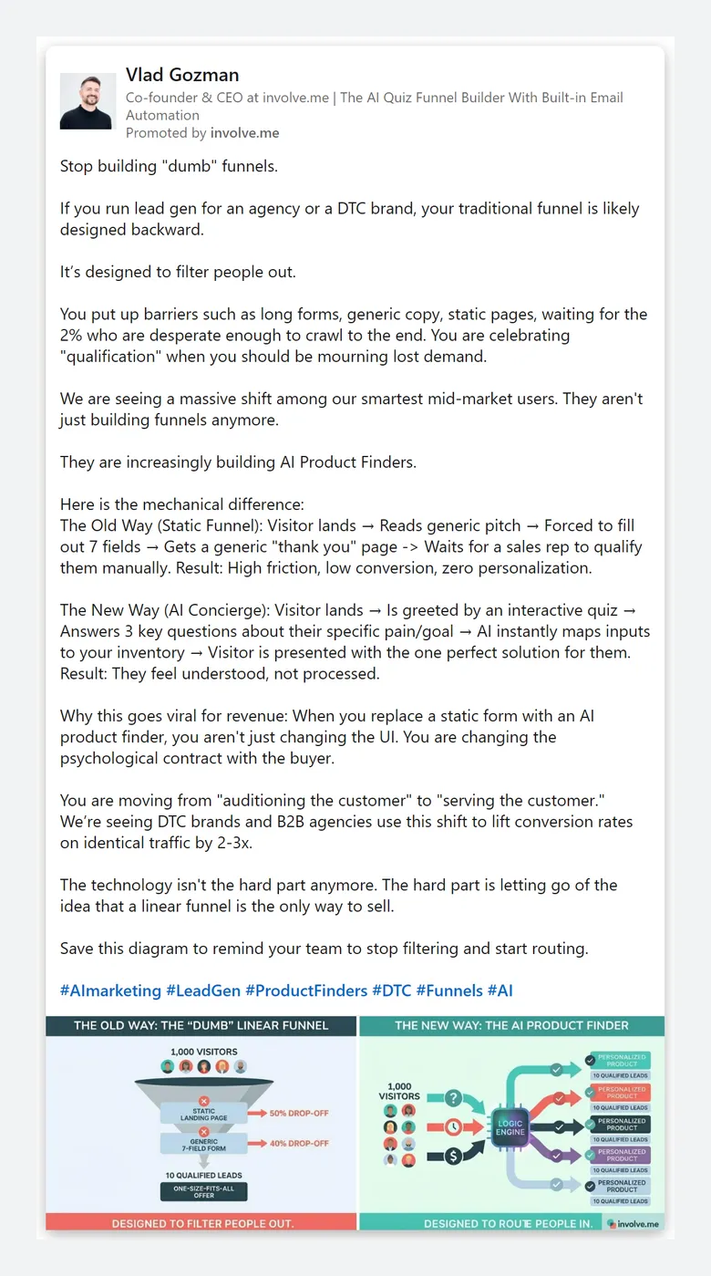 involve.me — LinkedIn ads (small text ads, plus posts by the CEO and staff) (screen 6)