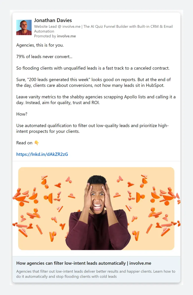 involve.me — LinkedIn ads (small text ads, plus posts by the CEO and staff) (screen 8)