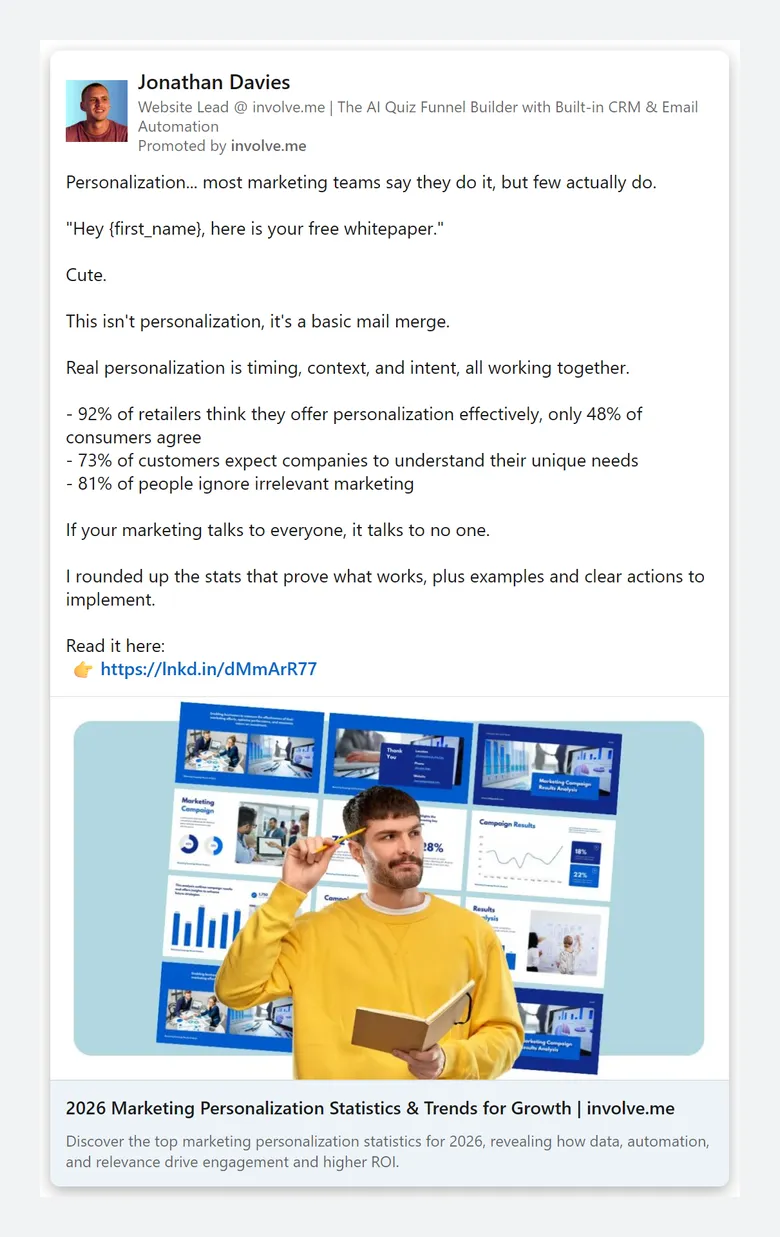 involve.me — LinkedIn ads (small text ads, plus posts by the CEO and staff) (screen 9)