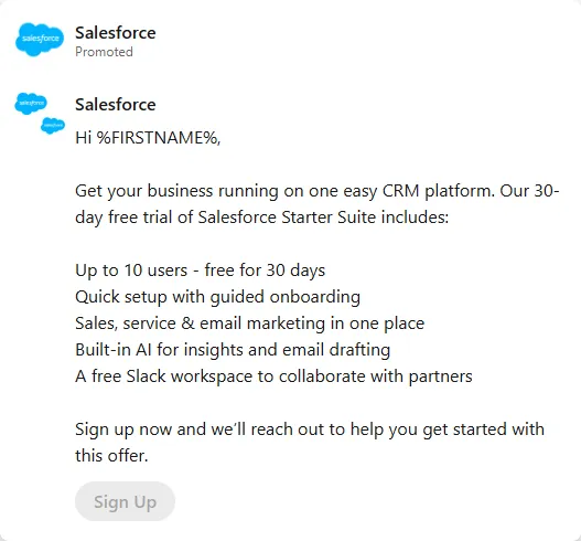 Salesforce — LinkedIn: InMails from “Salesforce for Small Business” (screen 2)