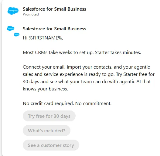 Salesforce — LinkedIn: InMails from “Salesforce for Small Business” (screen 1)