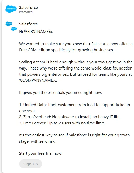 Salesforce — “Free Forever… Start your free trial now.” (mobile)