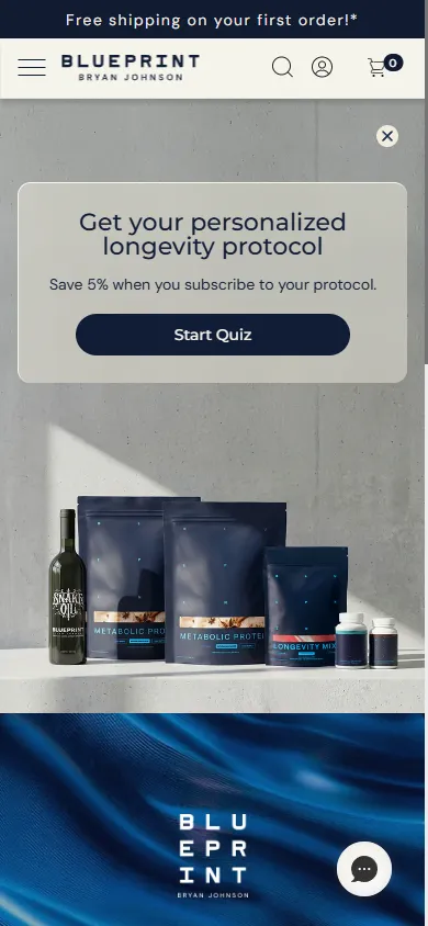 Blueprint — Quiz landing ("Get your personalized longevity protocol") (mobile)