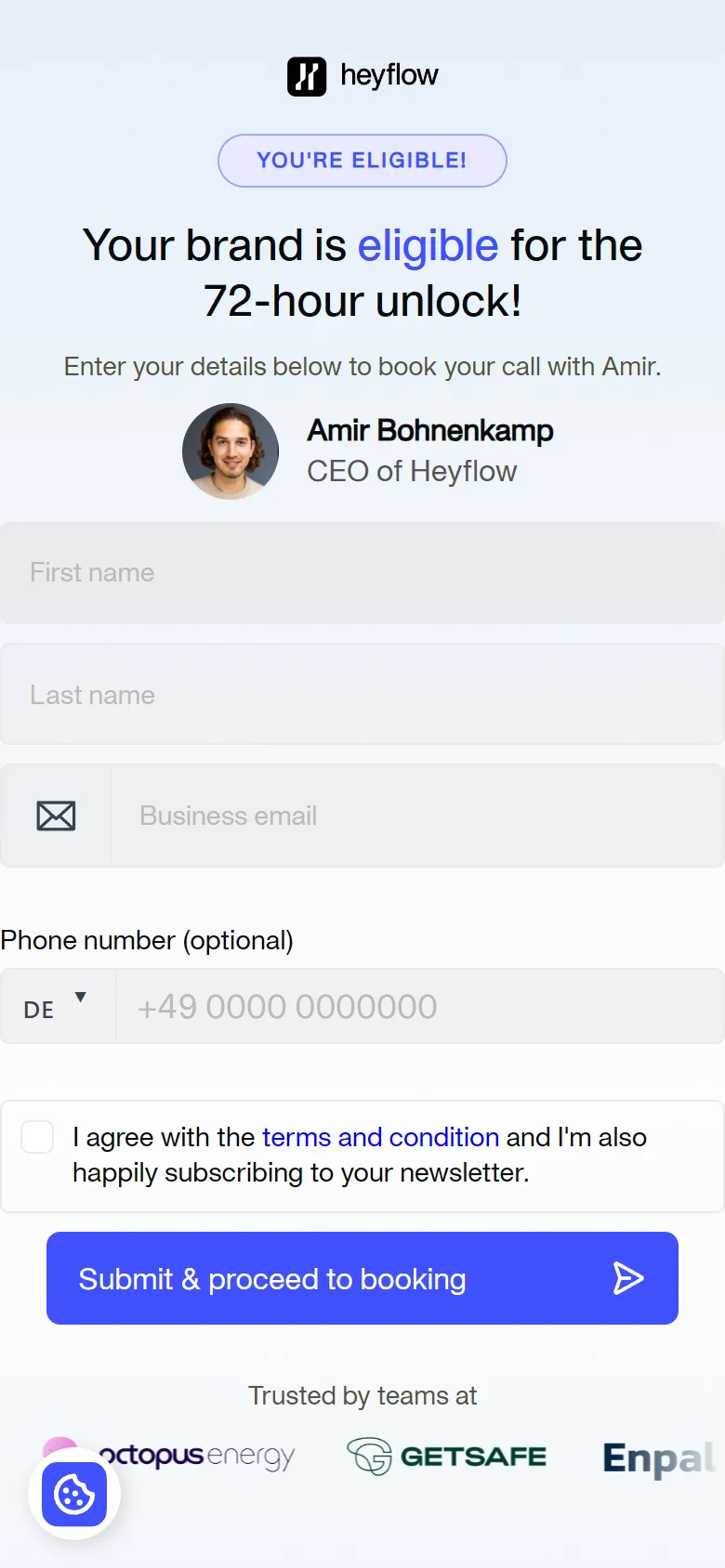 Heyflow — Lead form ("Submit & proceed to booking") (mobile)