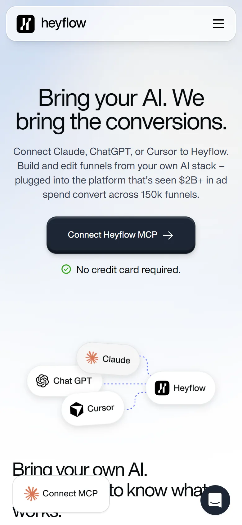 Heyflow — MCP feature page ("Bring your AI. We bring the conversions.") (mobile)