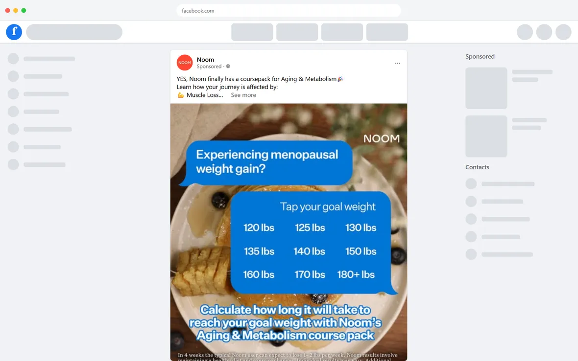 Noom — "Experiencing menopausal weight gain?" — Aging & Metabolism image ad (desktop)