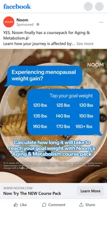 Noom — "Experiencing menopausal weight gain?" — Aging & Metabolism image ad