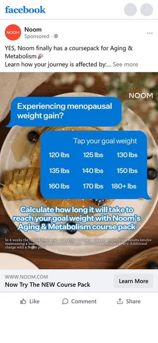 Noom — "Experiencing menopausal weight gain?" — Aging & Metabolism image ad