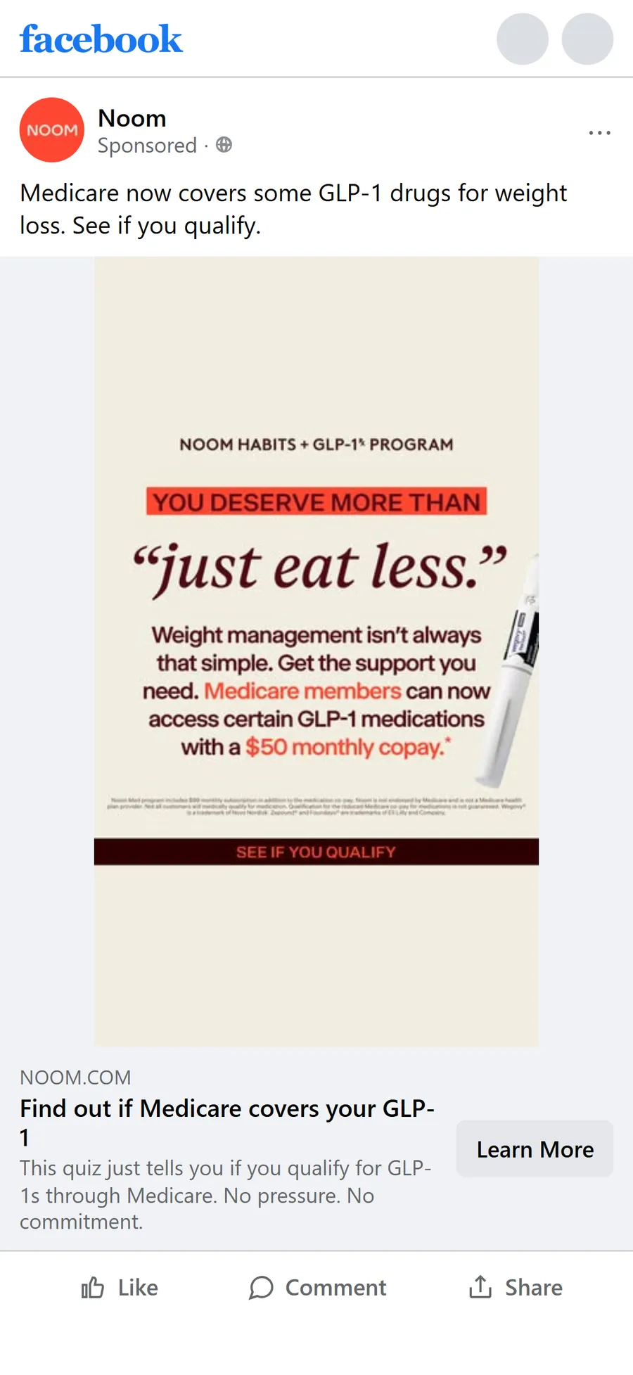 Noom — "Medicare now covers some GLP-1 drugs" — Medicare image ad (mobile)