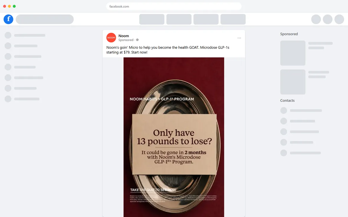 Noom — "Only have 13 pounds to lose?" — Microdose GLP-1 image ad (desktop)