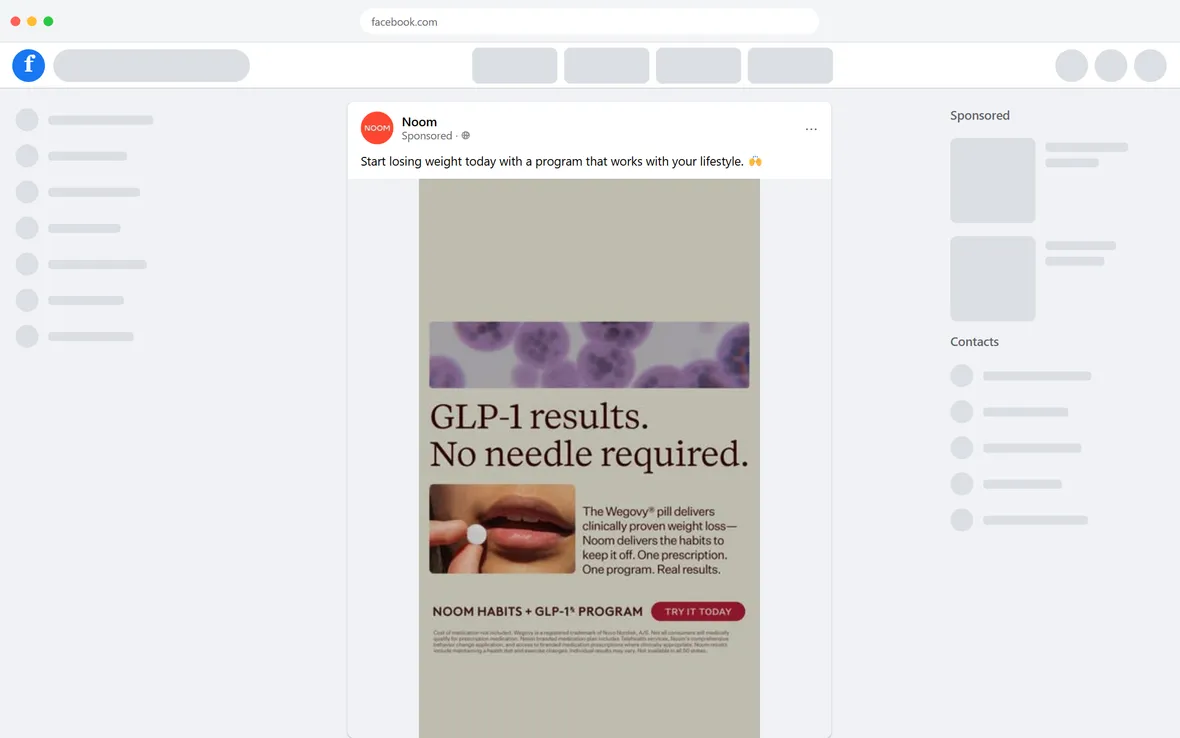 Noom — "GLP-1 results. No needle required." — Wegovy pill image ad (desktop)