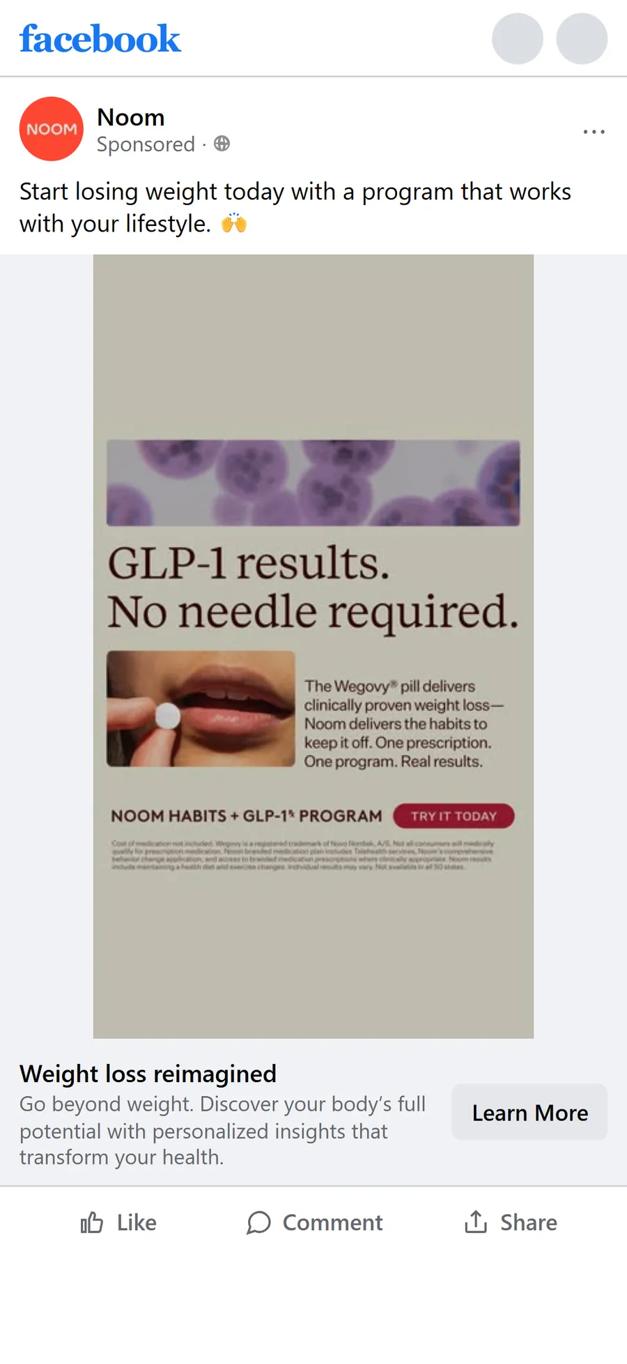 Noom — "GLP-1 results. No needle required." — Wegovy pill image ad (mobile)